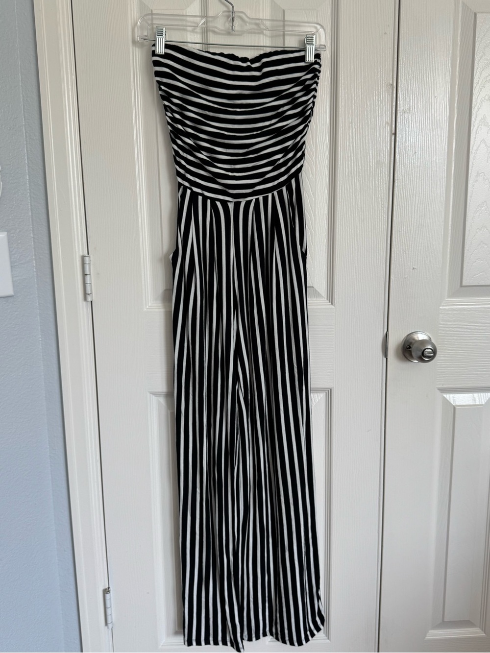 Heart & Hips Black and White Strapless Striped Jumpsuit